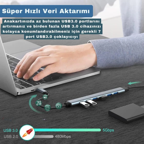 Polham 7in1 Type C/USB to 7x USB 3.0 Çoğaltıcı Okuyucu Hup Adaptör, Klavye, Mouse, Yazıcı, USB Okuyucu - 3