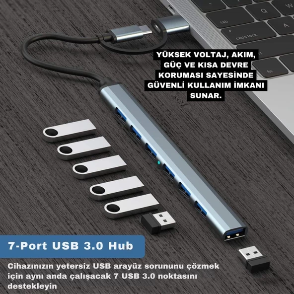 Polham 7in1 Type C/USB to 7x USB 3.0 Çoğaltıcı Okuyucu Hup Adaptör, Klavye, Mouse, Yazıcı, USB Okuyucu - 2