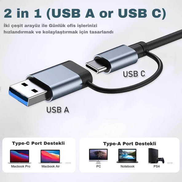 Polham 7in1 Type C/USB to 7x USB 3.0 Çoğaltıcı Okuyucu Hup Adaptör, Klavye, Mouse, Yazıcı, USB Okuyucu - 4