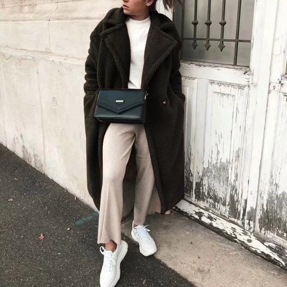 Peluş Kışlık Düğmeli Kadın Tüylü Ceket - 2