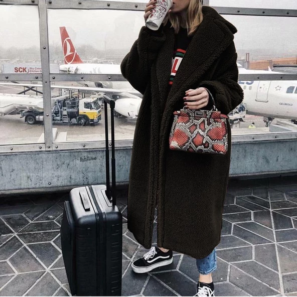 Peluş Kışlık Düğmeli Kadın Tüylü Ceket