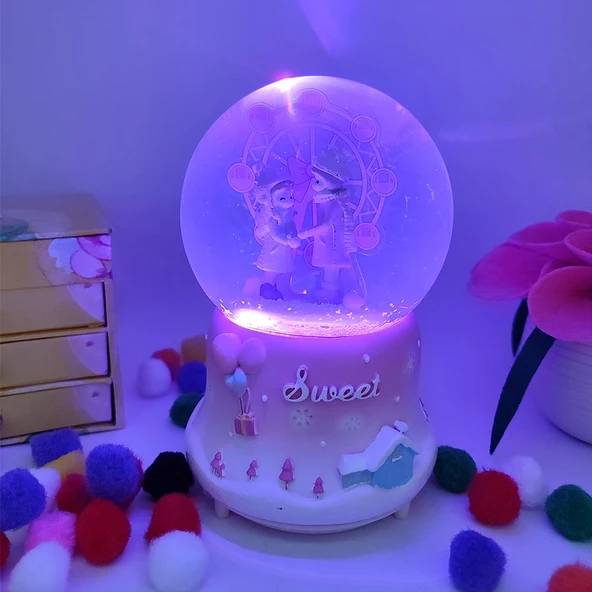Sweet Dönme Dolap Önünde Aşıklar Işıklı Müzikli Püskürtmeli Kar Küresi - Pembe - 4