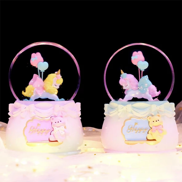 Mien Dekoratif Pilli Müzikli Balonlu Unicorn Figürlü  Hediyelik Kar Küresi Büyük Boy 1211 - 3