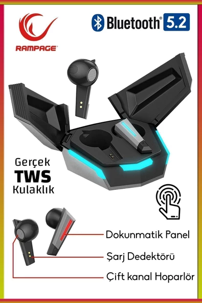 Rampage  Rm-Tws02g Tron T17 Mobil+Pc Uyumlu Tws Gaming Oyuncu Mikrofonlu Dokunmatik Bluetooth Kulaklık