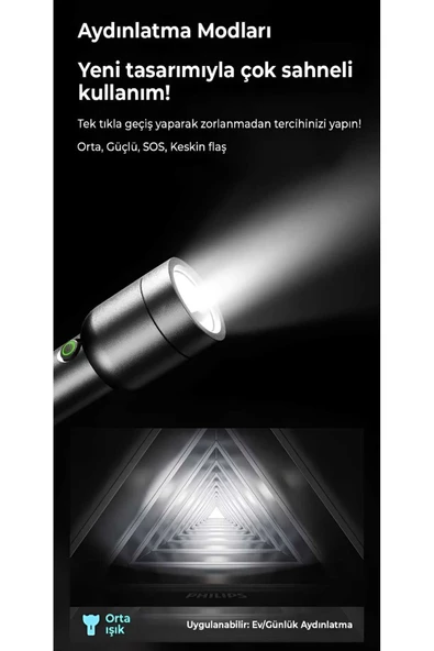 Philips  SFL1236 3W 300 Lümen Şarj Edilebilir Led El Feneri Siyah (200Mt Menzil, Ip44) (Ramwhite Garantili) - 3