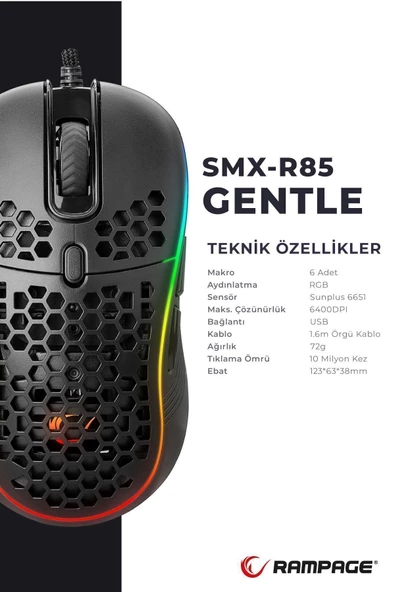 Rampage  Smx-r85 Gentle 12800 Dpi Rgb Ledli Makrolu Gaming Oyuncu Mouse - 6
