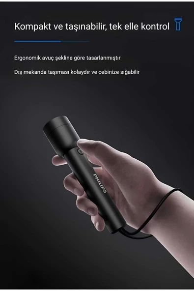 Philips  SFL1236 3W 300 Lümen Şarj Edilebilir Led El Feneri Siyah (200Mt Menzil, Ip44) (Ramwhite Garantili) - 6