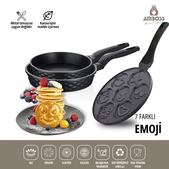 3 Parça Neşeli Emoji Granit Tava & İkili Döküm Tava Seti 3 Parça Neşeli Emoji Granit Tava & İkili Döküm Tava Seti - 2