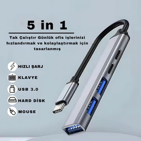Coofbe Akım Korumalı 5in1 Type-c to USB Çevirici Çoğaltıcı USB3.0 USB2.0 2xPD Hub Type-c Çoğaltıcı - Resim 2