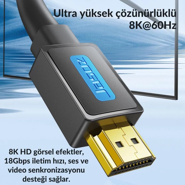 Polham Jasoz Altın Kaplama 1 Metre HD Series 120hz 8K HDMI to HDMI 2.1V HDMI Kablosu Görüntü Aktarım Kablosu - 5