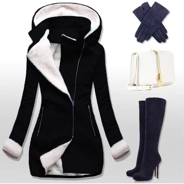 Kışlık Günlük Kapüşonlu Kaşe Kadın Kaban ürün görseli 1