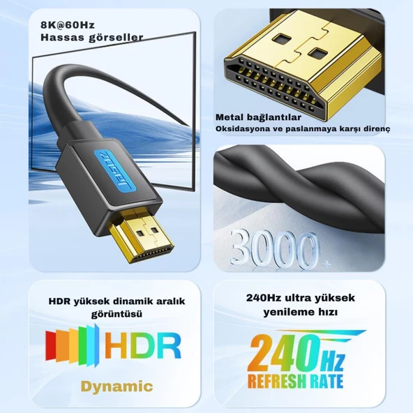 Polham Jasoz Altın Kaplama 2 Metre HD Series 120hz 8K HDMI to HDMI 2.1V HDMI Kablosu Görüntü Aktarım Kablosu - 3