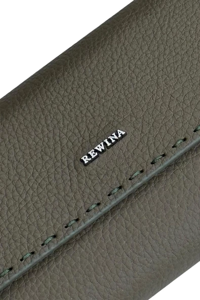 Haki Hakiki Deri Spor Dikiş Detaylı Gizli Mıknatıslı Kadın Portföy Cüzdan - Resim 8