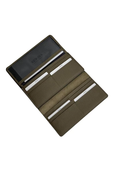 Haki Hakiki Deri Spor Dikiş Detaylı Gizli Mıknatıslı Kadın Portföy Cüzdan - Resim 5