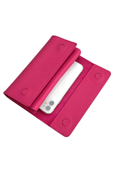 Fuşya Hakiki Deri Spor Dikiş Detaylı Gizli Mıknatıslı Kadın Portföy Cüzdan - Resim 3