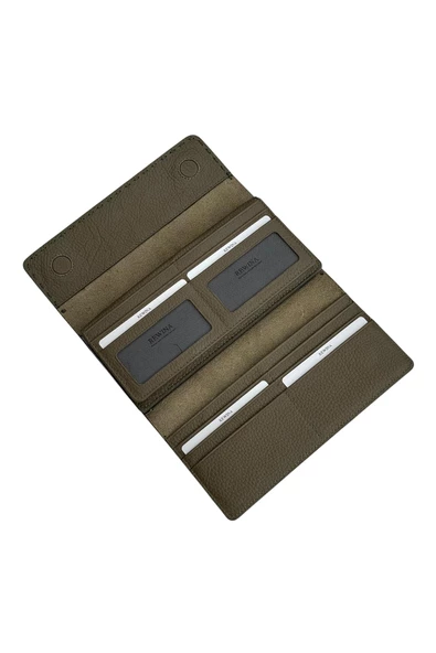 Haki Hakiki Deri Spor Dikiş Detaylı Gizli Mıknatıslı Kadın Portföy Cüzdan - Resim 4