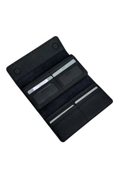 Siyah Hakiki Deri Spor Dikiş Detaylı Gizli Mıknatıslı Kadın Portföy Cüzdan - Resim 4
