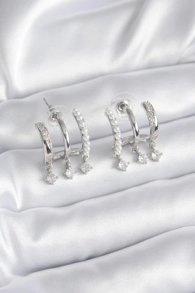 Gümüş Renk Zirkon Taş Detay İncili Kadın Küpe - EBJ241206W29729 - Resim 2