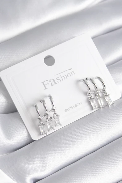 Gümüş Renk 3'lü Sallantı Zirkon Taşlı Küpe - EBJ241206W29720 ürün görseli