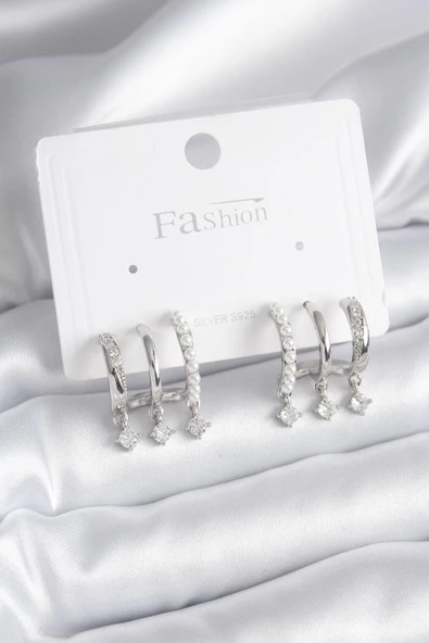 Gümüş Renk Zirkon Taş Detay İncili Kadın Küpe - EBJ241206W29729 ürün görseli