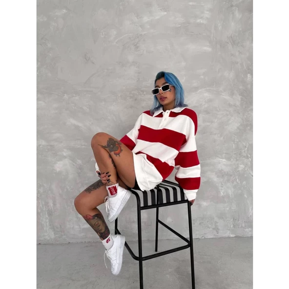 Lucky Life Unisex Üç İplik Parçalı Yakalı SweatShirt - Kırmızı - 4