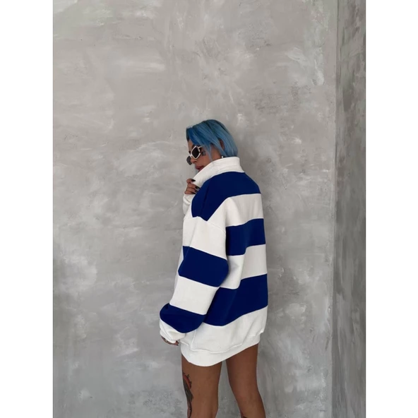 Lucky Life Unisex Üç İplik Parçalı Yakalı SweatShirt - Mavi