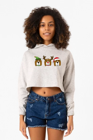 3 Wise Beagles Christmas Beyaz Kırçıllı Kadın Crop Kapşonlu ürün görseli