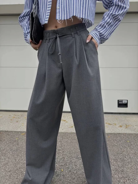 Bağcıklı Palazzo Bol Paça Pantolon - Gri - 5