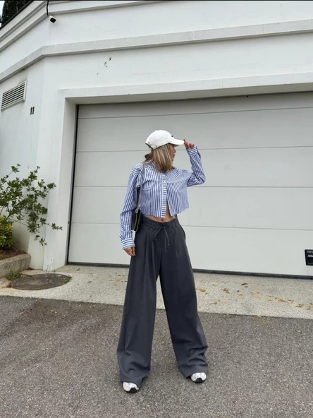 Bağcıklı Palazzo Bol Paça Pantolon - Gri - 4