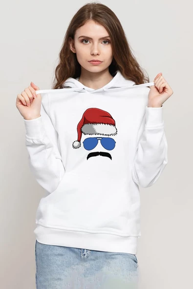 Mustache Christmas Hero Beyaz Kadın 3ip Kapşonlu Sweatshirt