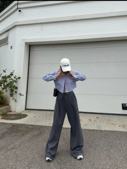 Bağcıklı Palazzo Bol Paça Pantolon - Gri - 3