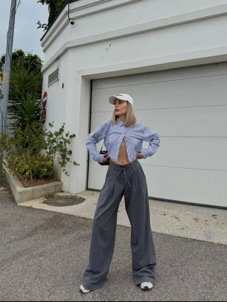 Bağcıklı Palazzo Bol Paça Pantolon - Gri - 6