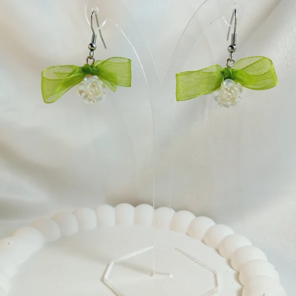 Yeşil Fiyonk Kurdele Detaylı Aesthetic Soft Vibes Vintage Coquette Çiçek İnci Küpe - 2