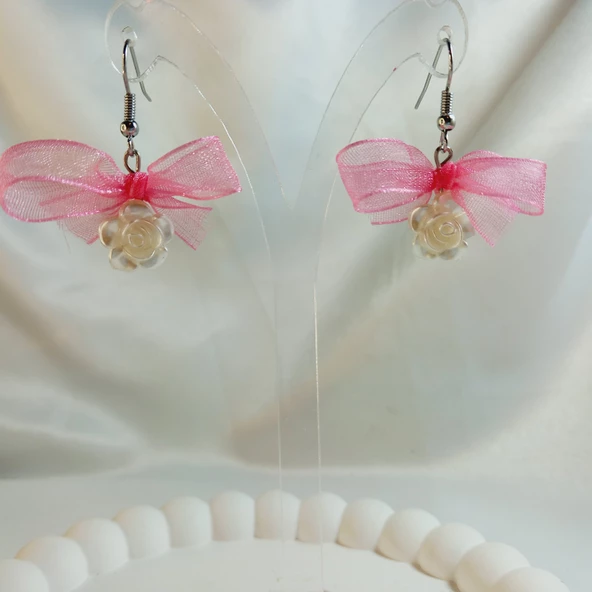 Pembe Fiyonk Kurdele Detaylı Aesthetic Soft Vibes Vintage Coquette Çiçek İnci Küpe - 2