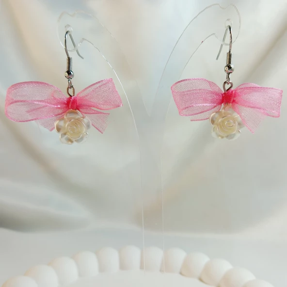 Pembe Fiyonk Kurdele Detaylı Aesthetic Soft Vibes Vintage Coquette Çiçek İnci Küpe - 4