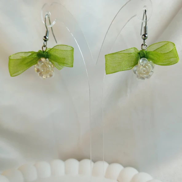 Yeşil Fiyonk Kurdele Detaylı Aesthetic Soft Vibes Vintage Coquette Çiçek İnci Küpe - 4