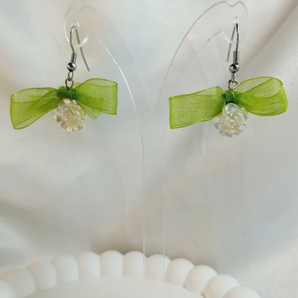 Yeşil Fiyonk Kurdele Detaylı Aesthetic Soft Vibes Vintage Coquette Çiçek İnci Küpe - 3