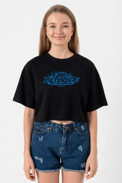 Beyblade Logo Siyah Kadın Crop Tshirt