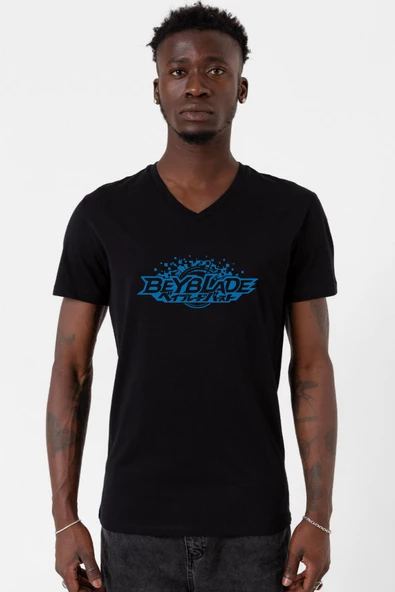 Beyblade Logo Siyah Erkek V yaka Tshirt