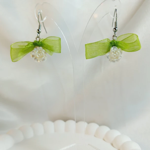 Yeşil Fiyonk Kurdele Detaylı Aesthetic Soft Vibes Vintage Coquette Çiçek İnci Küpe