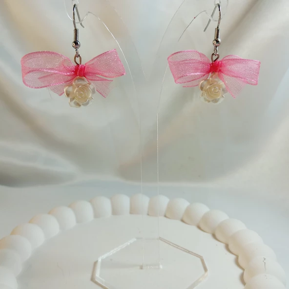 Pembe Fiyonk Kurdele Detaylı Aesthetic Soft Vibes Vintage Coquette Çiçek İnci Küpe - 3