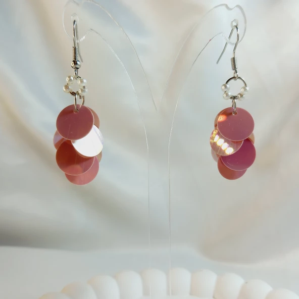 Lila İnci Boncuk Yuvarlak Pul Boncuk Aesthetic Soft Vibes Vintage Hediyelik Tasarım Sallantılı Küpe - 3