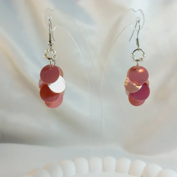 Lila İnci Boncuk Yuvarlak Pul Boncuk Aesthetic Soft Vibes Vintage Hediyelik Tasarım Sallantılı Küpe - 4