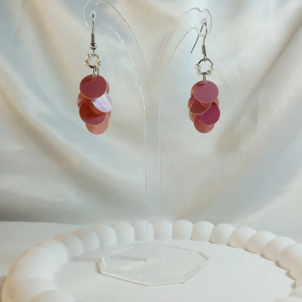 Lila İnci Boncuk Yuvarlak Pul Boncuk Aesthetic Soft Vibes Vintage Hediyelik Tasarım Sallantılı Küpe - 2