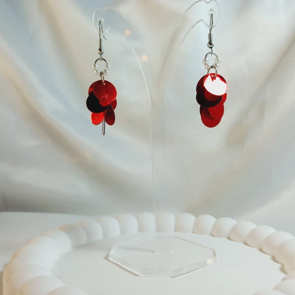 Kırmızı İnci Boncuk Yuvarlak Pul Boncuk Aesthetic Soft Vibes Vintage Hediyelik Tasarım Sallantılı Küpe - 2