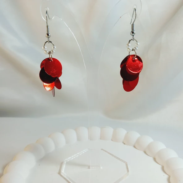 Kırmızı İnci Boncuk Yuvarlak Pul Boncuk Aesthetic Soft Vibes Vintage Hediyelik Tasarım Sallantılı Küpe - 4