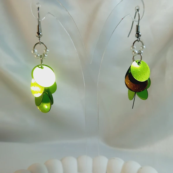 Fıstık Yeşili İnci Boncuk Yuvarlak Pul Boncuk Aesthetic Soft Vibes Vintage Hediyelik Tasarım Sallantılı Küpe - 5