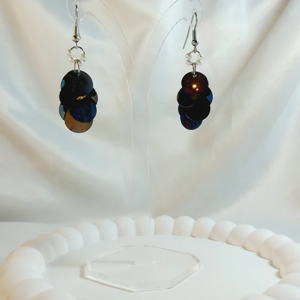 Siyah İnci Boncuk Yuvarlak Pul Boncuk Aesthetic Soft Vibes Vintage Hediyelik Tasarım Sallantılı Küpe - 2