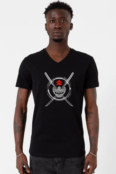 Ghost Of Tsushima Samurai Mask Siyah Erkek V yaka Tshirt - 2