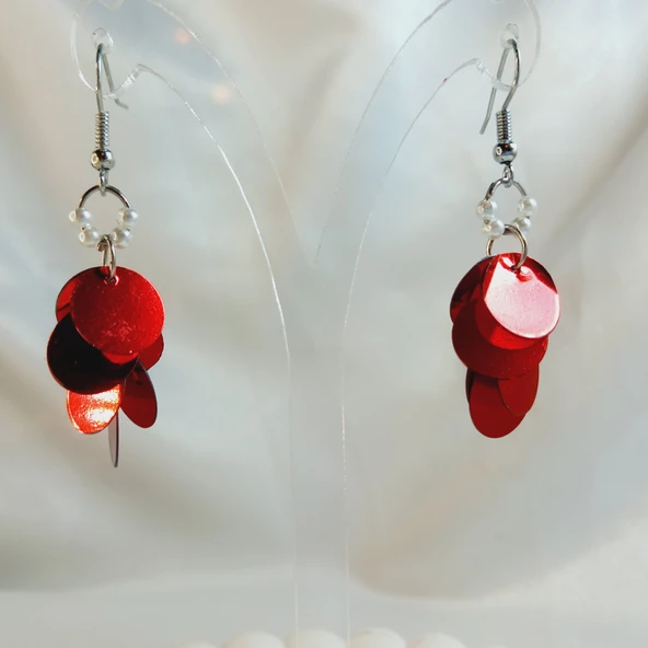 Kırmızı İnci Boncuk Yuvarlak Pul Boncuk Aesthetic Soft Vibes Vintage Hediyelik Tasarım Sallantılı Küpe - 3